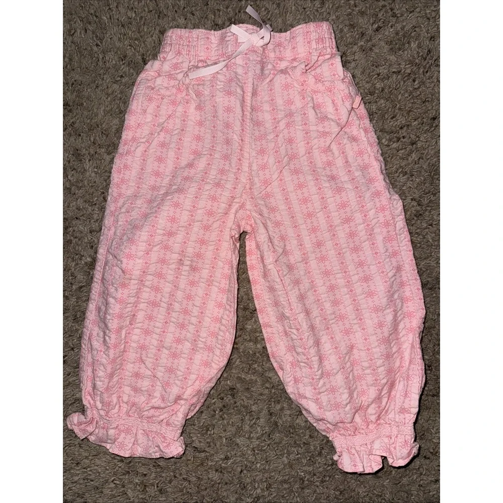 VTG OshKosh B'Gosh Pink Ruffle Hem Flower Stripes Pants Cotton 24 Months